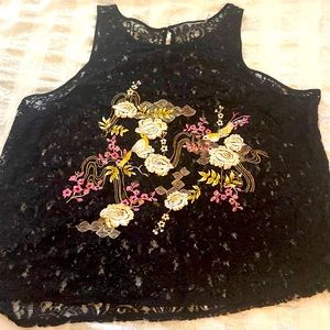 Embroidered birds sheer black lace plus size sleeveless blouse w/sequins